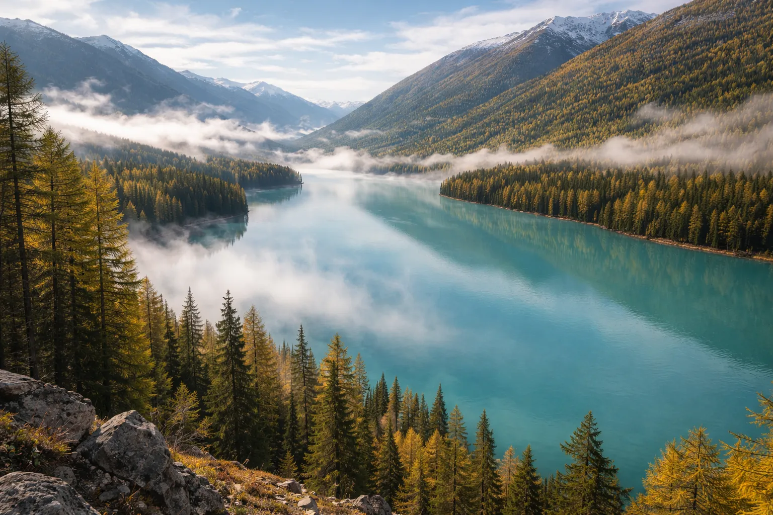 Morning mist over Kanas Lake surrounded by forested mountains in Xinjiang.webp